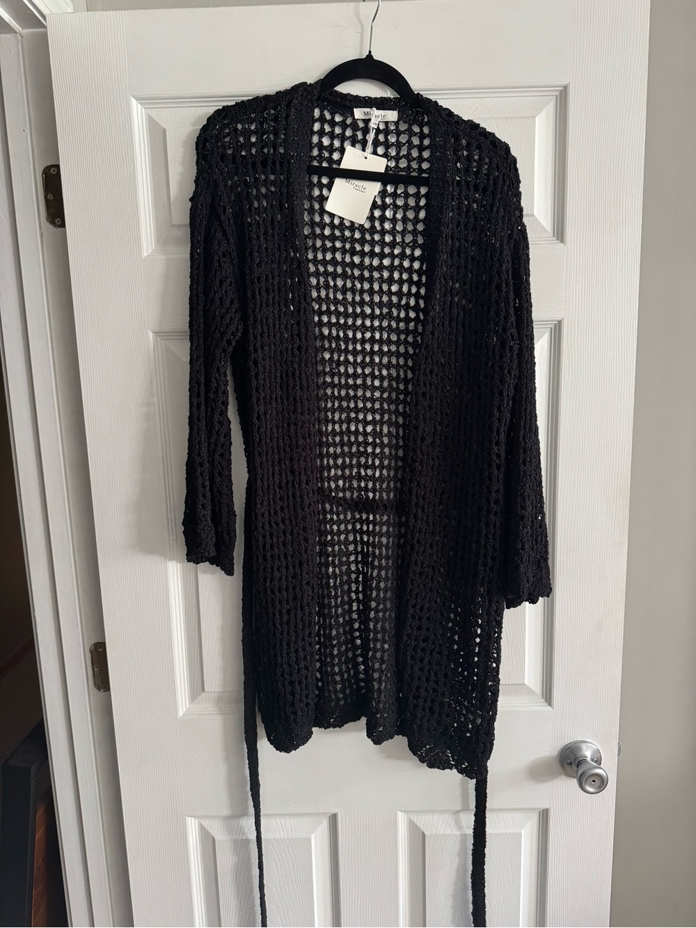 Black Crochet Beach Swim Cover Up Open Knit Cardigan S/M